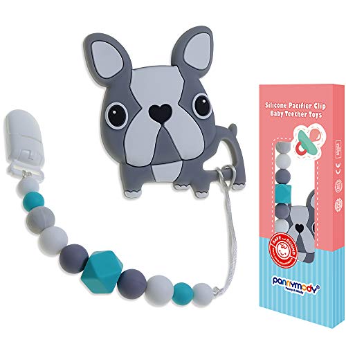 Panny & Mody Baby Teething Toys BPA Free Food Grade Silicone Teether with Clip and Teething Pain Relief Beads for Newborn Babies Boys and Girls - Freezer Friendly(Gray Dog)