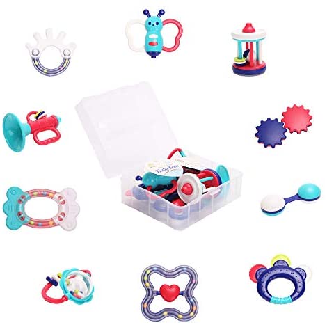 Happytime Rattle Teether Set Baby Toys Baby 10pcs Shaker, Grab, Shaking Bell Rattle Set BabyToys for Newborn Infant with Storage Box Gift for 3 6 9 12 18Month