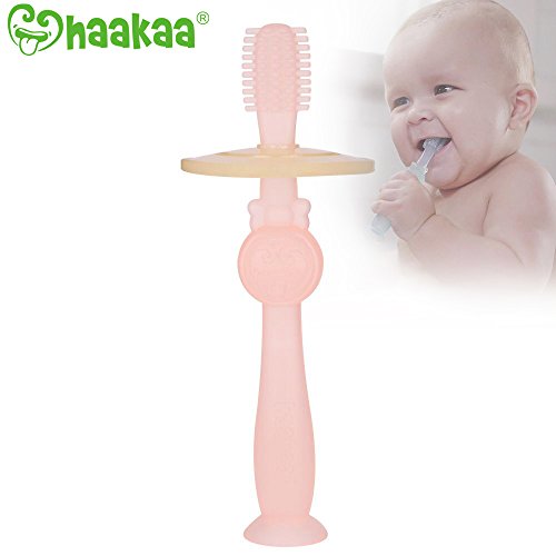 haakaa 360° Silicone Baby Toothbrush Teether with Suction Base Infant Toothbrush Training Massage Teether for Baby,1pc (Pink)