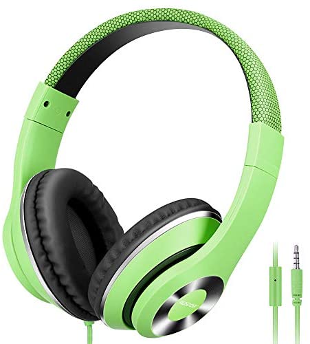AUSDOM Lightweight Over-Ear Wired HiFi Stereo Headphones with Built-in Mic Comfortable Leather Earphones Noise Isolating Adjustable Deep Bass for iPhone iPod iPad Macbook MP3 Smartphones Laptop- Green