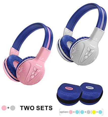 2 Pack of SIMOLIO Kids Headphone Wireless Bluetooth with Volume Limited, Durable Wireless Kids Headset, Wireless Headphone for Kids, Kids Safe Headphones with Case for Travel,School Daily(Pink,Grey)