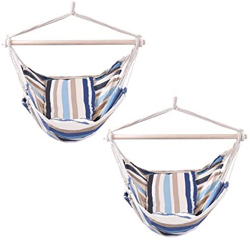 Giantex Hammock Swing, Hanging Rope Hammock Chair with 2 Cushions for Patio Porch Yard Tree C Hammock Stand, Cotton Hanging Air Swing (2, Beige and Blue Multicolor Stripes)