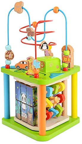 ZONXIE Wooden 4 in 1 Baby Activity Play Cube Bead Maze Toys Activity Center for Babies Toddlers Educational Early Preschool Learning Toys