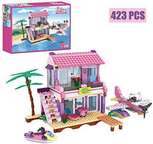Dream Girls Building Blocks Toys Friends Building Set Big Beach Villa with Plane and Jet Ski Fun Preschool Educational toys for Boys and Girls 423Pcs