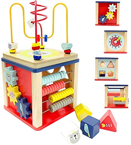 LEO & FRIENDS Activity Cube Wooden Toys for 1,2 Year Old Boy Gifts,12-18 Months Baby Toys for Preschool Learning,Montessori Bead Maze and Shape Sorter 5-in-1 Toys for Toddlers Gift.