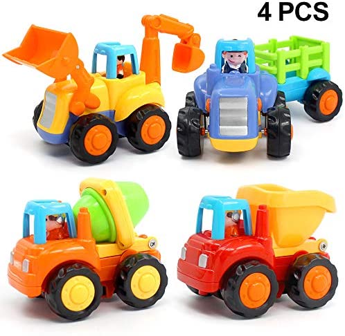 ORWINE Inertia Toy Early Educational Toddler Baby Toy Friction Powered Cars Push and Go Cars Tractor Bulldozer Dumper Cement Mixer Engineering Vehicles Toys for Children Boys Girls Kids Gift 4PCS