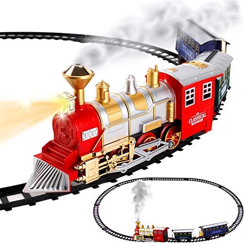 Classic Train Set for Kids with Smoke, Realistic Sounds, 3 Cars and 11 Feet of Tracks (13 pcs) colors may vary