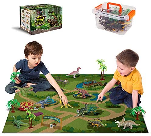 Dinosaur Toys - 12 Realistic Dinosaur Figures, Activity Kids Play Mat & Trees for Creating a Dino World Including T-Rex, Triceratops, etc, Perfect Dinosaur Gifts for Boy & Girl 3,4,5,6,7,8 Years Old