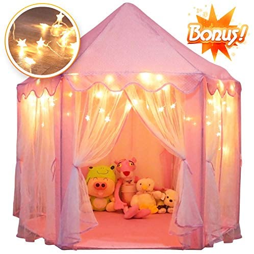 Orian Princess Castle Playhouse Tent for Girls with LED Star Lights – Indoor and Outdoor Large Kids Play Tent for Imaginative & Pretend Games – ASTM Certified, Cool Toys for Girls 55 x 53 inch (Pink)