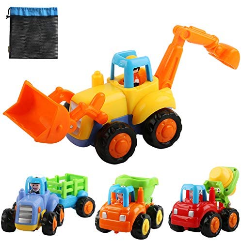 Friction Powered Cars, Push and Go Construction Vehicles Toys, 4 PCS Early Educational Toddler Toy Set, Tractor, Bulldozer, Cement Mixer Truck, Dumper for 1 2 3 Year Old Kids