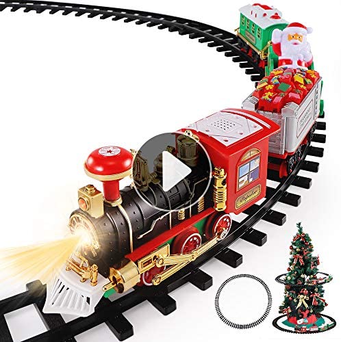 TEMI Christmas Train Toys Set Around Tree, Electric Railway Train Set w/ Locomotive Engine, Cars and Tracks, Battery Operated Play Set w/ Lights and Sounds, Christmas Spirit Gift for Kids Boys Girls