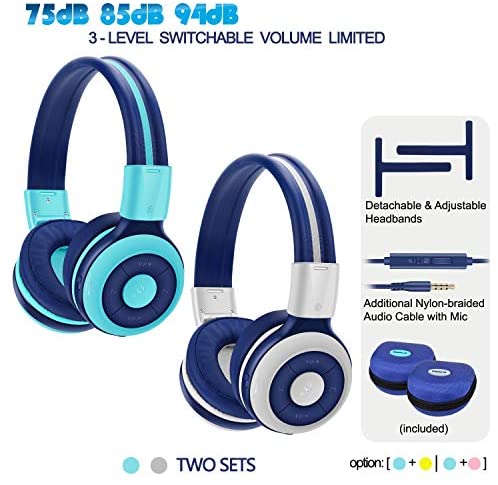 2 Pack of SIMOLIO Bluetooth Headphone for Teens, Kids Headphone with 75dB,85dB,94dB Volume Limited, Kids Bluetooth Headphone with Mic, On-Ear Headset with in-Line Audio Control for Game (Mint+Grey)
