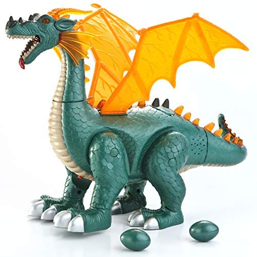 JOYIN Walking Realistic Toy Electronic Dragon Dinosaur with Roaring Sounds and 2 Eggs Laying