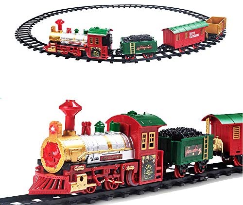 PUSITI Classic Christmas Train Set with Lights and Sounds Railway Tracks Sets Battery Operated Locomotive Engine and 11.5 Ft Tracks Playset for Under The Tree Electronic Toys Gift for Kids