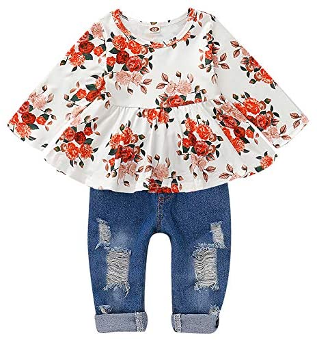 CARETOO Girls Clothes Outfits, Cute Baby Girl Floral Short Sleeve Pant Set Flower Ruffle Top