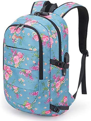 Tzowla Business Laptop Backpack Water Resistant Anti-Theft College Backpack with USB Charging Port and Lock 15.6 Inch Computer Backpacks for Women Girls, Casual Hiking Travel Daypack(A-FlowerBlue)