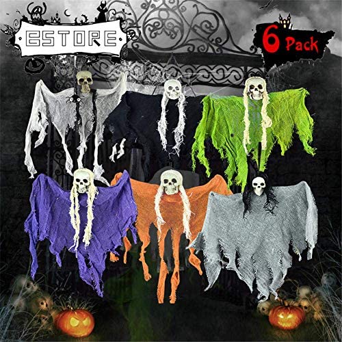 BSTORE Hanging Screaming Ghost Decoration - Halloween Ghost Hanging Ornaments Festival Small Skull -Halloween Skeleton Grim Reaper for Haunted House Prop Décor (6 Pack)