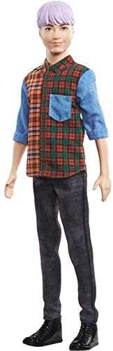Barbie Ken Fashionistas Doll #154 with Sculpted Purple Hair Wearing a Color-Blocked Plaid Shirt, Black Denim Pants & Boots, Toy for Kids 3 to 8 Years Old