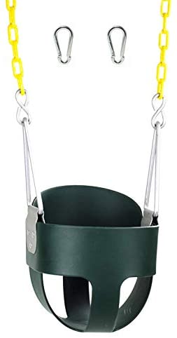 High Back Full Bucket Toddler Swing Seat with Plastic Coated Chains and Carabiners for Easy Install- Green