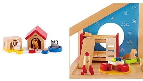 Family Pets Wooden Dollhouse Animal Set by Hape | Complete Your Wooden Dolls House with Happy Dog & Wooden Doll House Furniture Children's Room with Accessories