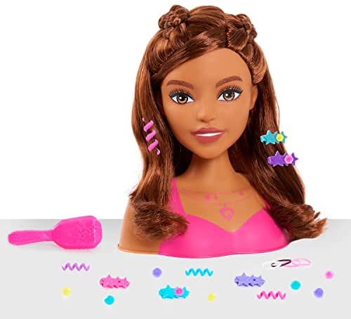 Barbie Fashionistas 8-Inch Styling Head, Brown Hair, 20 Pieces Include Styling Accessories, Hair Styling for Kids, by Just Play