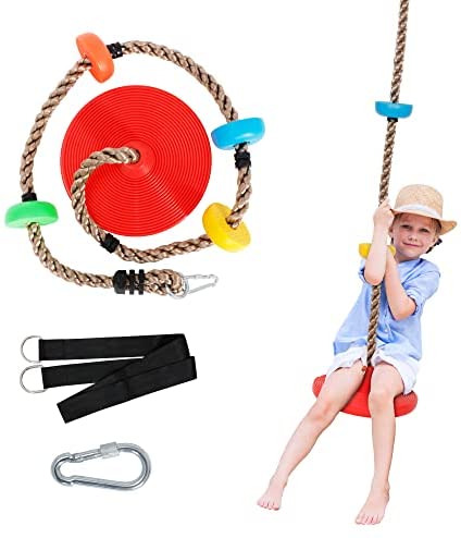 SUPER DEAL 6.6FT Climbing Rope Tree Swing Set with Multicolor Platforms and Disc Swing Seat for Kids - Bonus Carabiner and 5FT Strap for Outdoor, Backyard, Playground, Garden, Tree House