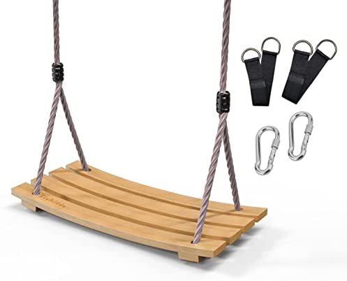 Wooden Swing Sets for Backyard & Indoor Swing Set – Durable, Double-Varnished Hardwood Outdoor Swing for Kids & Adults – Thick, Durable Tree Straps, 6.5ft PE Rope + Stainless Steel Carabiners