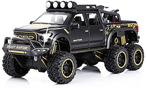 Toy Pickup Trucks for Boys F150 Raptor DieCast Metal Model Car with Sound and Light for Kids Age 3 Year and up Black