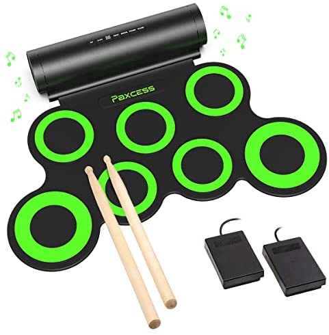 PAXCESS Electronic Drum Set, Roll Up Drum Practice Pad Midi Drum Kit with Headphone Jack Built-in Speaker Drum Pedals Drum Sticks 10 Hours Playtime, Great Holiday Birthday Gift for Kids