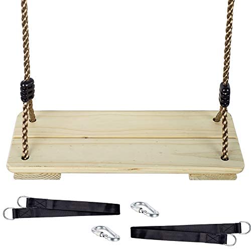 Wood Swing for Kid, KINSPORY Swing Set for Backyard, Adjustable Nylon Rope with Hanging Tree Hammock Straps Kit, Wooden Swing Seat for Indoor Outdoor Porch Patio Garden Playgroud Swing Set Accessories