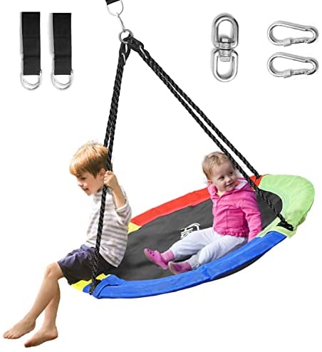 Hishine Saucer Tree Swing for Kids, Waterproof Flying Saucer Swing with Swivel, Hanging Straps, Adjustable Ropes, Round Mat Easy to Install Spinner Swing for Tree/ Swing Set, Rainbow