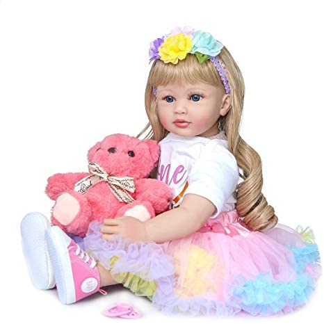 Toddler Reborn Baby Doll Girl Princess with Curly Blonde Hair 24 Inch 60cm Real Life Looking Reborn Toddler Dolls Soft Body Snuggle Cuddle Doll for Girls Gifts (24 inch Girl Colorful Dress)