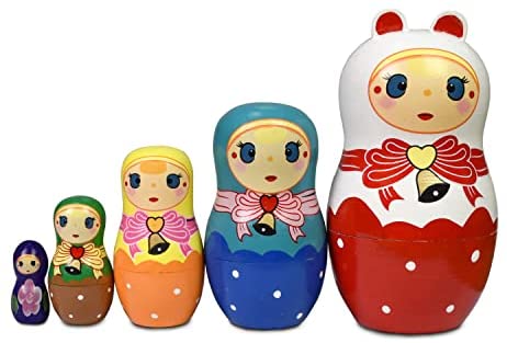 Nesting Dolls Russian Matryoshka Bear Set 5 Pieces Handmade Wood Stacking Nested Different Pattern for Children Kids Home Room Decoration Halloween Wishing Gift