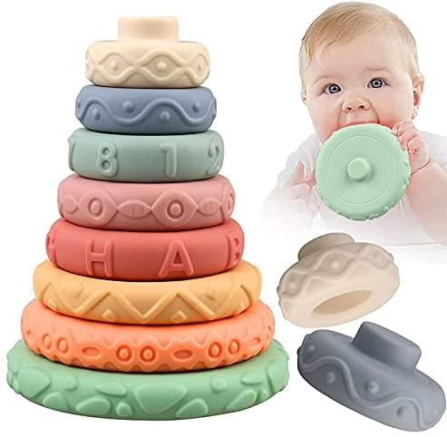 8 Pcs Stacking Rings Soft Toys for Babies 6 12 18 Months 1 Year Old Girls Boys - Toddlers Sensory Educational Montessori Baby Blocks - Infant Newborn Developmental Teething Learning Stacker