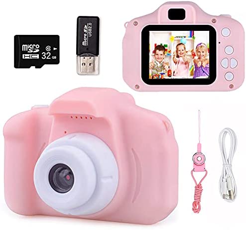 Kids Digital Camera Toys for Girls Age 3-9, Toddler Cameras Mini Pink Cartoon Electronic Video Child Camcorder Included 32GB Memory Card Childrens Education Toy Gift for 3 4 5 6 7 8 9 10 Years Old