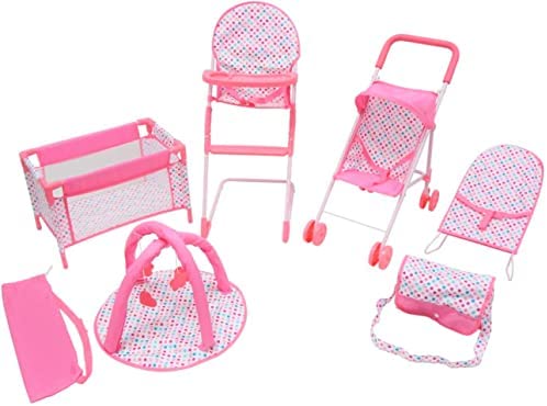 KOOKAMUNGA KIDS 6 Piece Doll Accessories Playset | Toy Pram Stroller | High Chair with Feeding Tray | Playpen and Travel Cot | Baby Bouncer | Diaper Changing Bag | Activity Mat (Pink Unicorn) (Pink)
