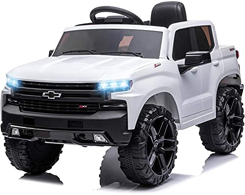 Little Brown Box 12V Licenced Chevy Silverado Ride On Truck for Kids to Drive - Battery Powered Toy w Remote Control, Sounds,Lights,2 Speeds,Electric Car Kids,Toddler,Baby,3 8 Years, White