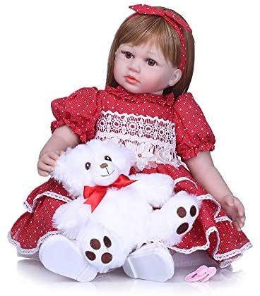 24Inch Reborn Toddler Doll Looks Real Baby Dolls Soft Silicone Toddler Dolls Long Hair wiht Bear Toy for Girls Gift