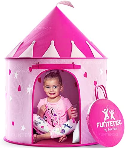 FoxPrint Princess Castle Play Tent With Glow In The Dark Stars, Conveniently Folds In To A Carrying Case, Your Kids Will Enjoy This Foldable Pop Up Pink Play Tent/House Toy For Indoor and Outdoor Use
