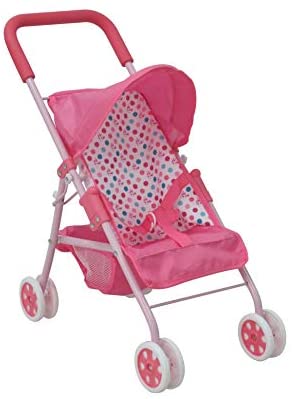 KOOKAMUNGA KIDS Baby Doll Stroller | Easy Fold Pram | with Retractable Canopy, Storage Basket, Doll Safety Harness and Comfort Grip Handlebar | for Dolls Up to 18 Inches (Pink Unicorn Print)