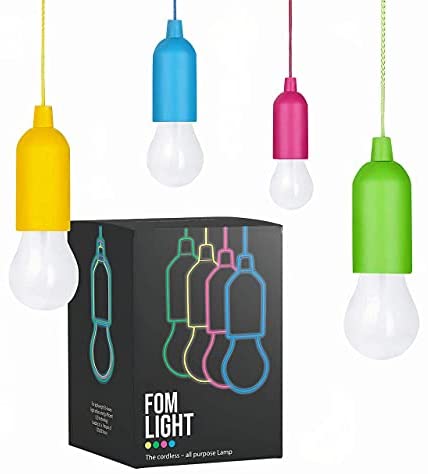Fomlight Kids Lights for Treehouse Playhouse, Safe Touch Hanging Lamp with Pull Chain Battery Operated, Light Bulb On A Pull Rope for Classroom Bedroom Backyard Camping Indoor Outdoor - 4pc
