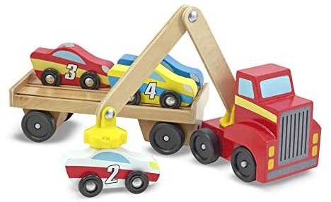 Melissa & Doug Magnetic Car Loader Wooden Toy Set With 4 Cars and 1 Semi-Trailer Truck
