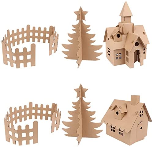 Putz Style Houses, Set of 6 Mini Little Vintage Christmas Houses, DIY Complete Kit with 12 Color Paints, Little Village Houses with Christmas Tree for Children to Build and Paint Birdhouse