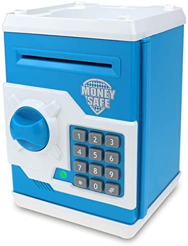 Yoego Kids Money Bank, Electronic Piggy Banks, Great Gift Toy for Kids Children, Auto Scroll Paper Money Saving Box Password Coin Bank,Perfect Toy Gifts for Boys Girls (Blue White)
