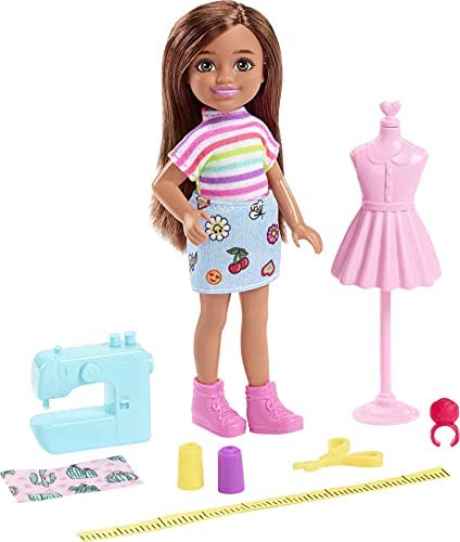 Barbie Chelsea Can Be Playset with Brunette Chelsea Fashion Designer Doll (6 inches), Mannequin, Sewing Machine, Tape Measure, Scissors, Fabric, Great Gift for Ages 3 Years Old & Up