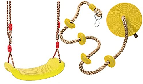 Caromy Kingdom Climbing Rope with Platforms Disc Swing and Kids Tree Plastic Swing Seat, Swing Set Accessories, Great for Outdoor Indoor, Tree Swing Set, Playground (a-Yellow)