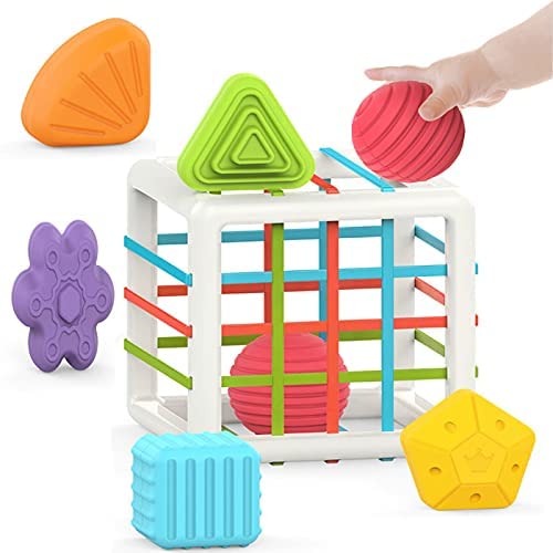 Toys for 1-2 Year Old Boy Girl,Baby Sorter Toy Colorful Cube and 6 Pcs Multi Sensory Shape,Learning Toys for Girls Boys Gifts Age 1-3,Montessori Toys for 1 Year Old,Baby Toys 6-12-18 Months