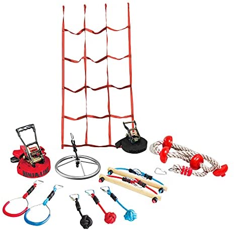 Slackers 56' Ninjaline Climber Kit - Includes Intro Kit, Climbing Net, Ninja Rope and Spinner Wheel - Fun Ninja Warrior Training Equipment for Kids - Build Your Very Own Backyard Ninja Line Course