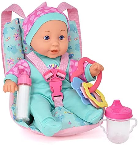 Baby Doll Car Seat with Toy Accessories, Includes 12 Inch Soft Body Doll, Booster Seat Carrier, Rattle Toy, Bib and 2 Bottles, A Travel Gift Set for Toddlers Infants Girls and Boys