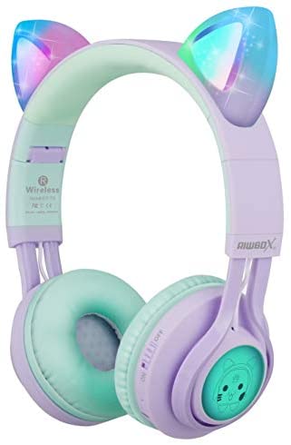 Kids Headphones, Riwbox CT-7S Cat Ear Bluetooth Headphones 85dB Volume Limiting,LED Light Up Kids Wireless Headphones Over Ear with Microphone for Laptop/PC/TV (Purple&Green)